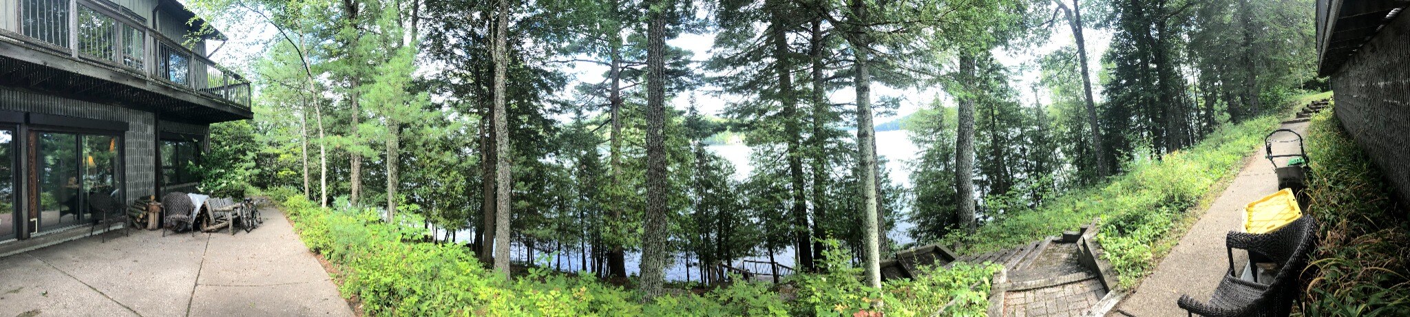 Panoramic view of a wooded lakeside cottage